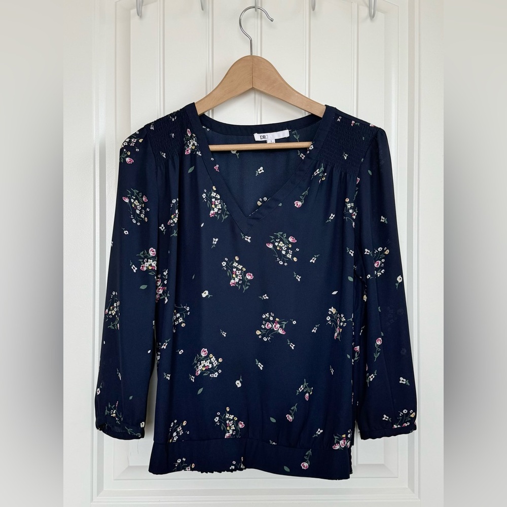 DR2 Navy Floral V-Neck Blouse, 3 Quarter Sleeve Blouse, Small
